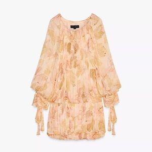 Zara Floral Long Sleeve Flowy Dress - Cream, Pale Pinks, and Golden Yellow